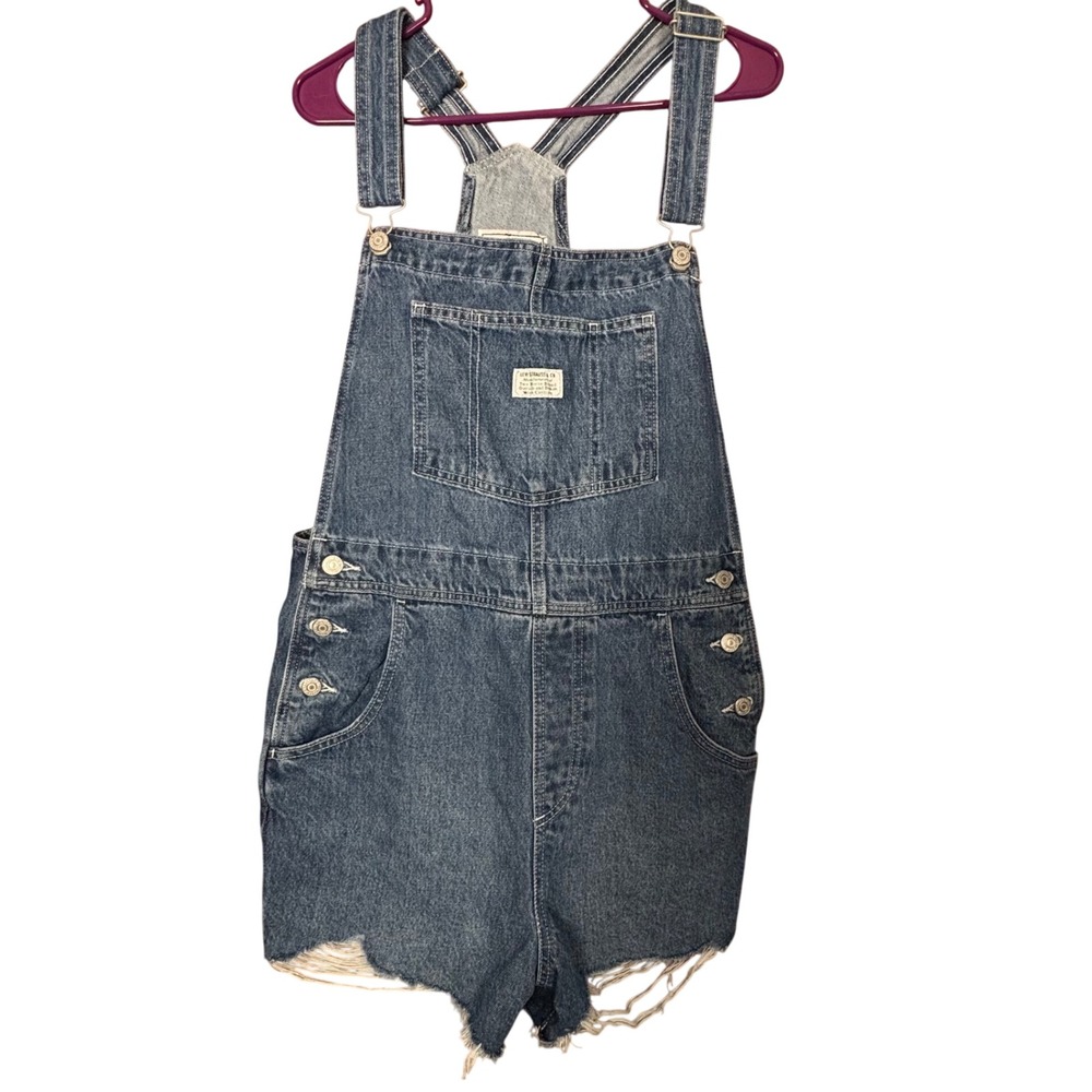 Levis Women's Medium Wash Denim Shortalls Distressed Raw Hem Romper Cut-offs Med